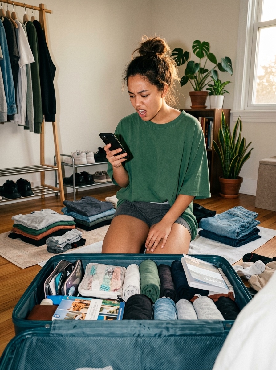 Someone checking a phone while packing a suitcase