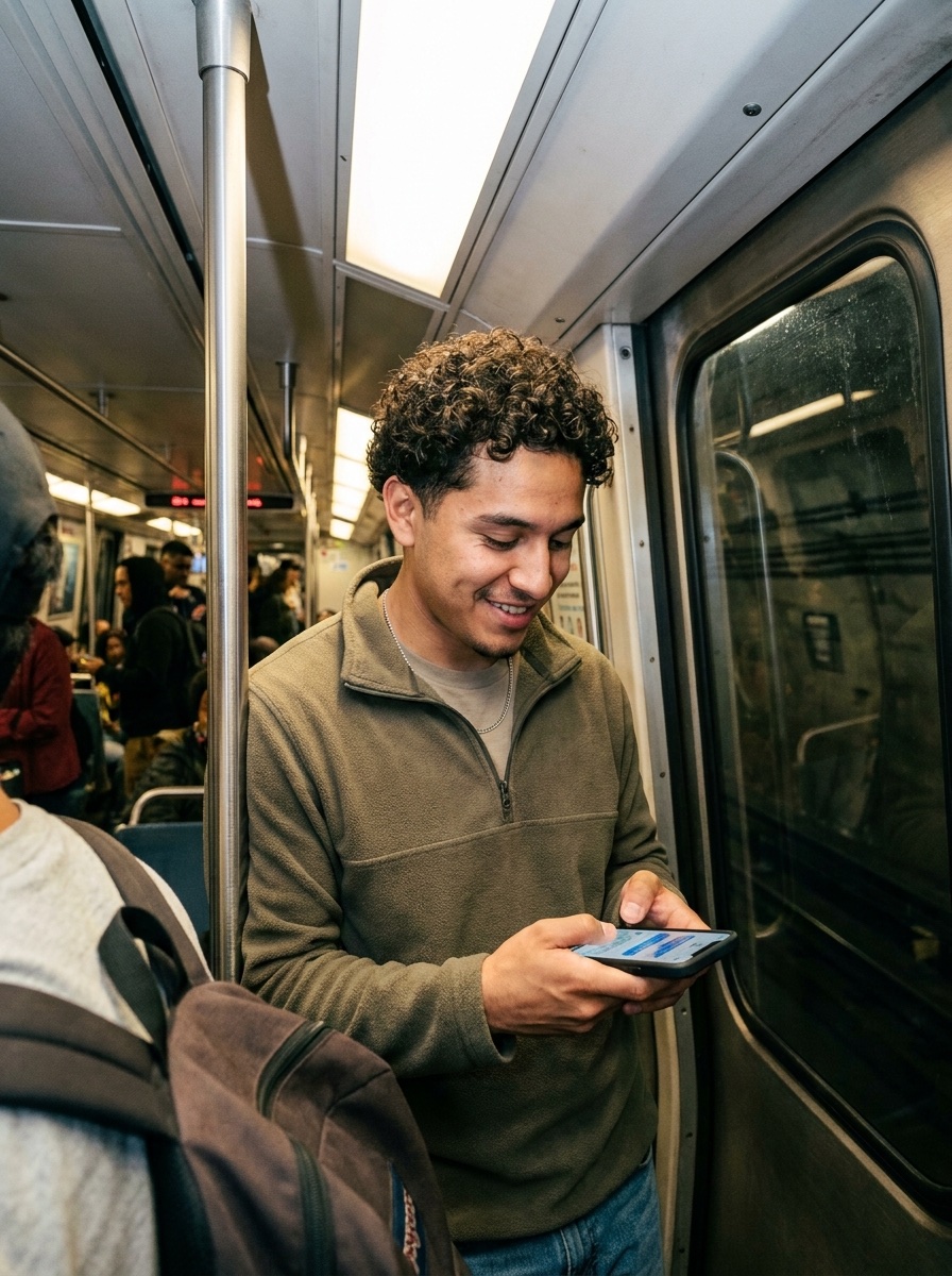 A rider smiling at a phone on a subway train
