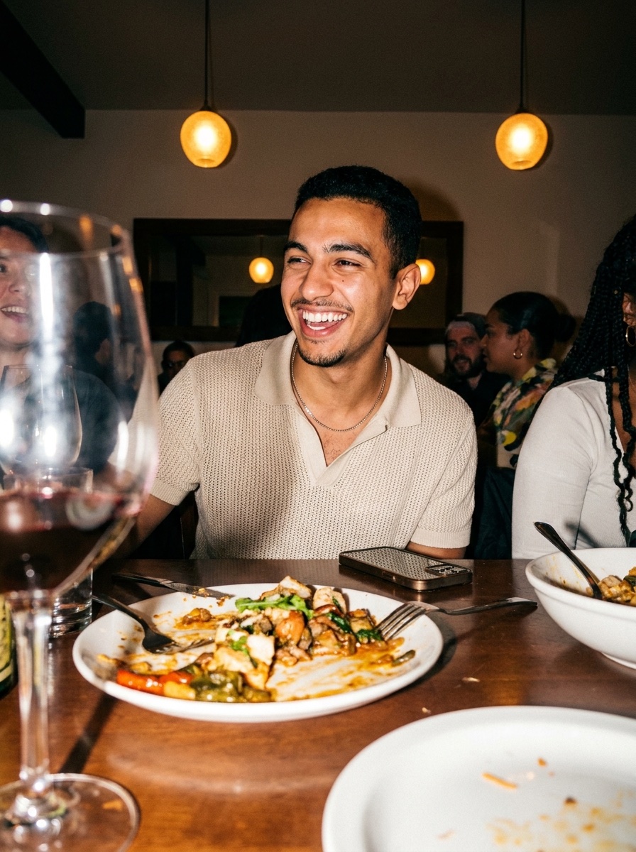 Friends laughing together over dinner at a restaurant