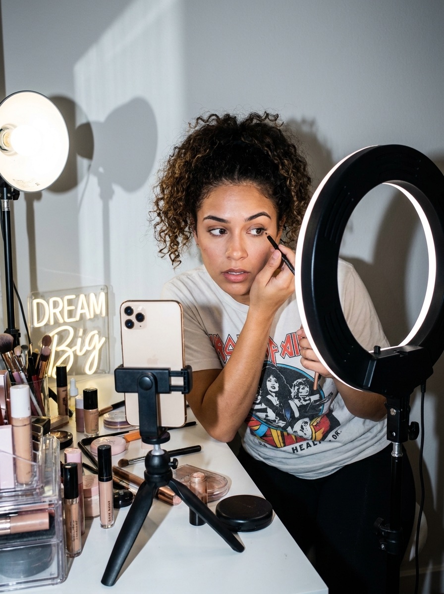 A creator doing makeup in front of a ring light, phone mounted on a tripod
